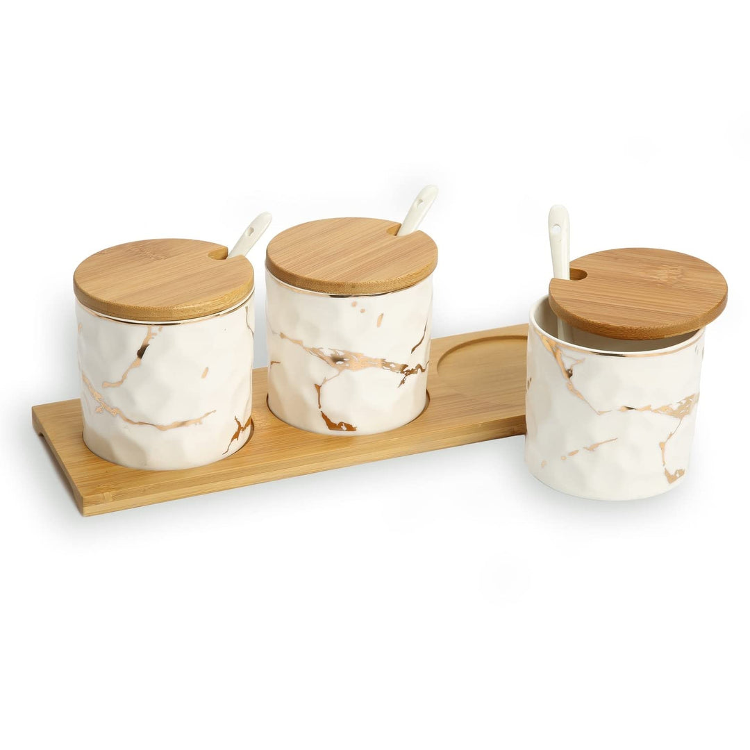 White Porcelain Canister Set with Gold Design - Diamond Home USA