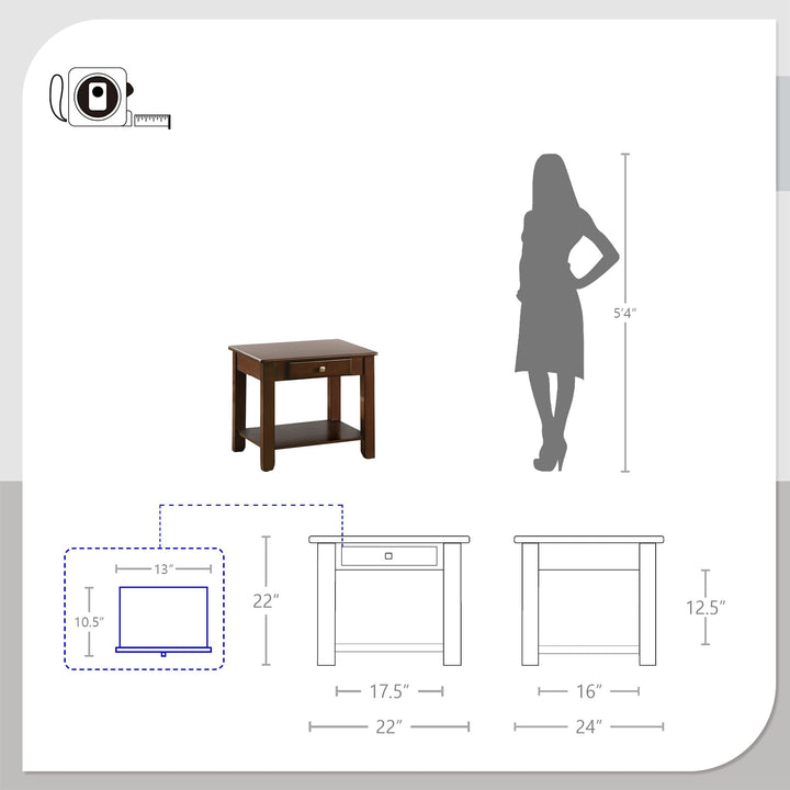 End Table Brown Traditional Rectangular Rubberwood Wood Cherry Finish Drawers - Diamond Home USA
