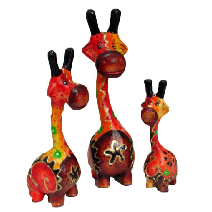 Set of 3 Handmade Red/Brown Giraffe Statue in Indonesia Orange Wood