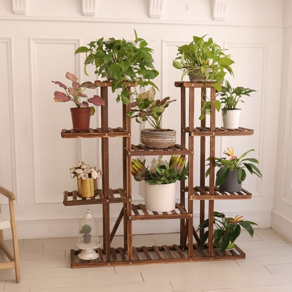 Large 11 Tiered Wood Plant Stand Carbonized Pot Shelf Holder Brown Classic - Diamond Home USA
