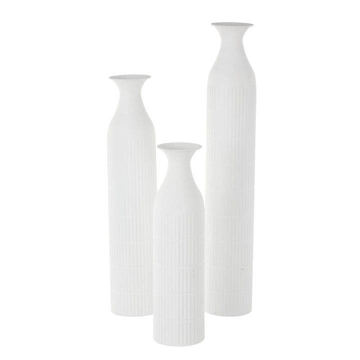 White Metal Tall Slim Ribbed Floor Vase (Set of 3) - Diamond Home USA