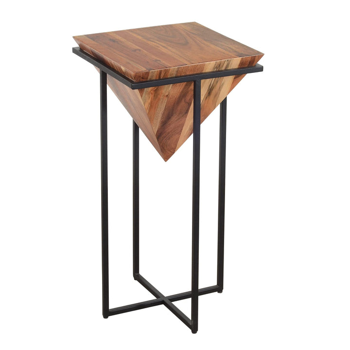 30 ch Pyramid Shape Wooden Side Table with Cross Metal Base Brown and Black