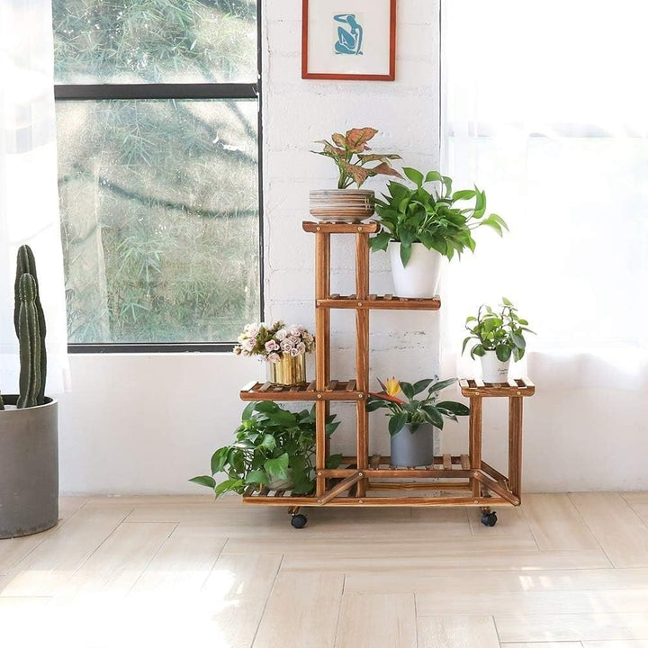 6 Tiered Wooden Plant Stand with Wheels Flowers Shelf Rolling Storage Rack Brown - Diamond Home USA