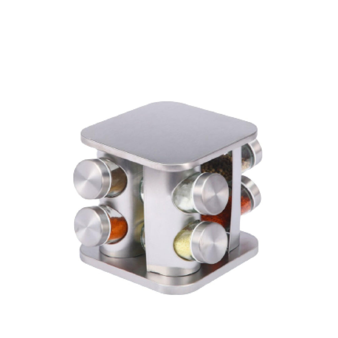 Stainless Steel Rotating Rack with 8 Spice Jars Silver