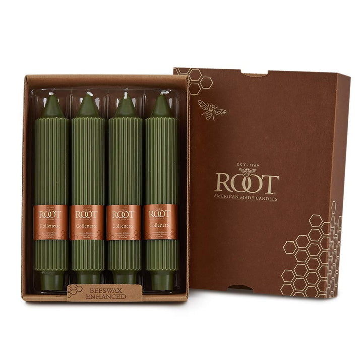 Root Unscented Grecian Collenettes Dinner Candles 7-Inch Tall Box of 4 Dark 7 X 1-1/4 - Darl Olive