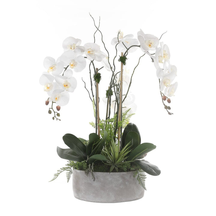 Real Touch Orchid Flower Arrangement in Stone Cement Pot White Handmade - Diamond Home USA