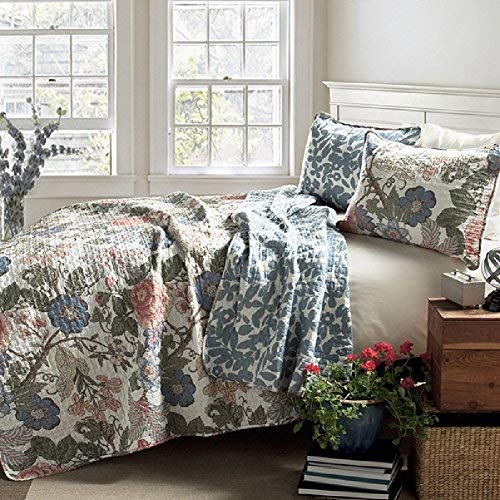 3 Piece Quilts Full Queen Size - Floral Bohemian Theme with Colorful Garden Green/Blue - Full - Queen