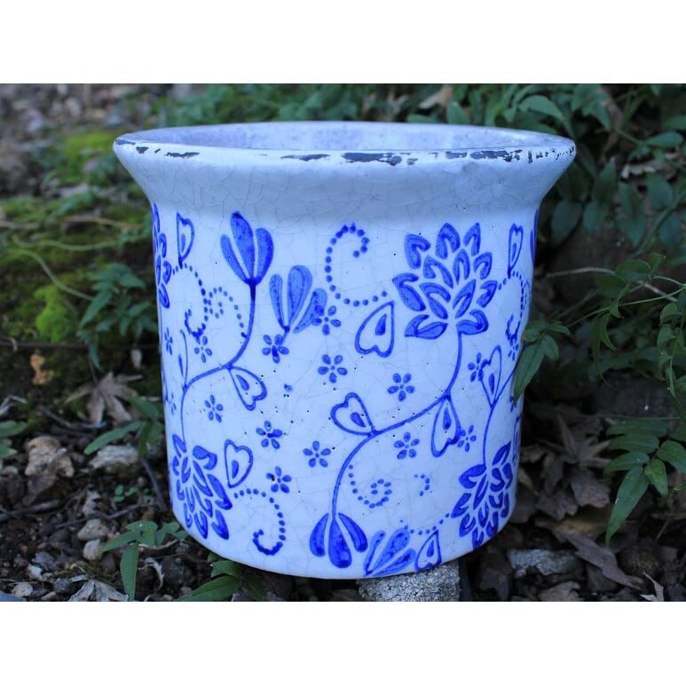 Hand Pressed Old World Ceramic Blue and White Flower Pattern Round Flared Lip - Diamond Home USA