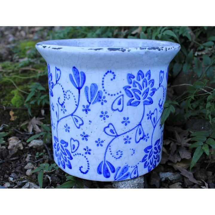 Hand Pressed Old World Ceramic Blue and White Flower Pattern Round Flared Lip - Diamond Home USA