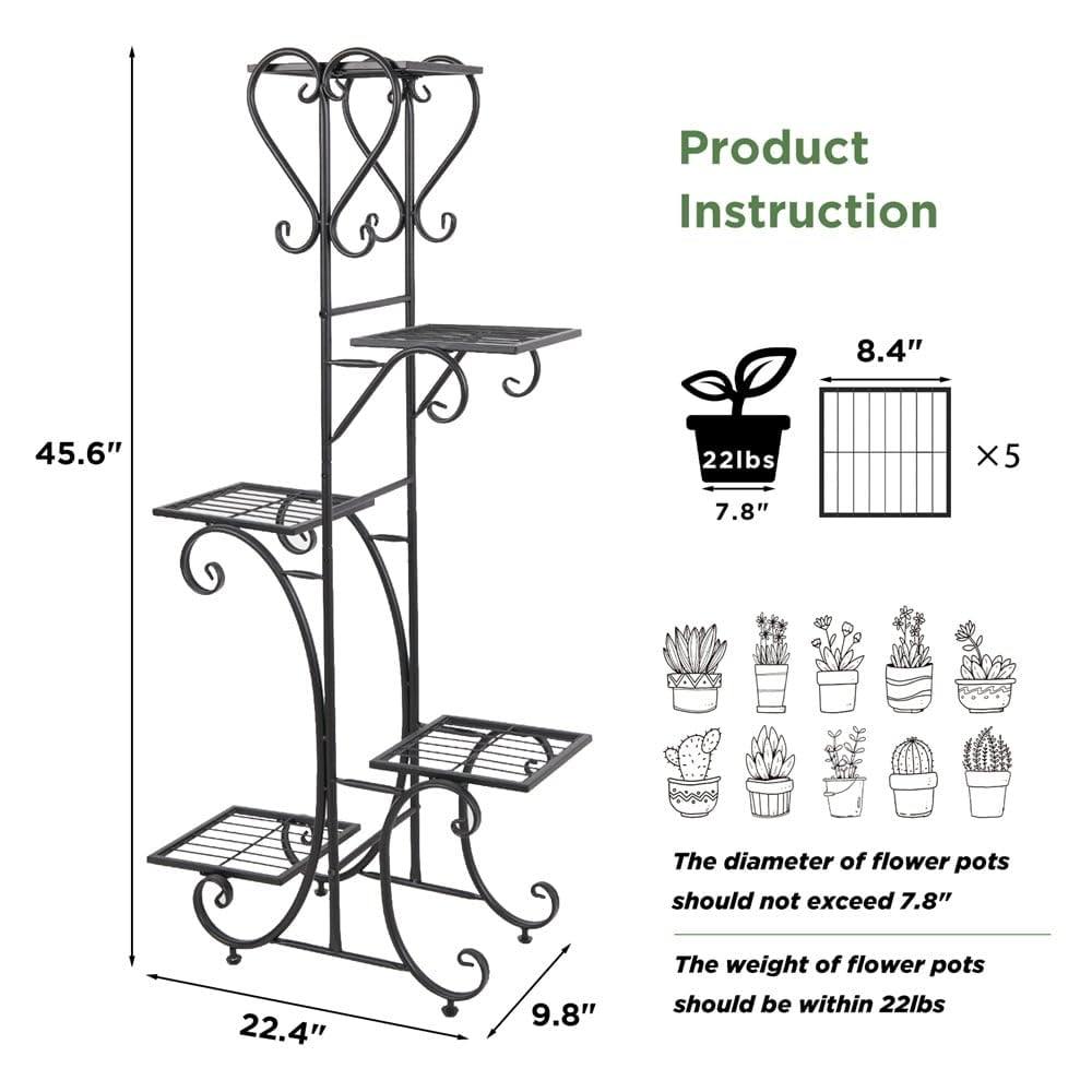 Tall Plant Stand 5 Tiered Iron Shelf Garden Display Rack Indoor Outdoor Black - Diamond Home USA