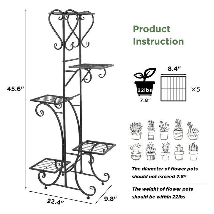Tall Plant Stand 5 Tiered Iron Shelf Garden Display Rack Indoor Outdoor Black - Diamond Home USA