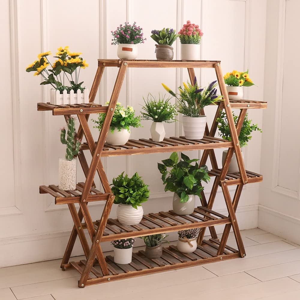 Wood Large Garden Plant Stand Indoor Outdoor Ladder Planter Rack Shelves Brown - Diamond Home USA