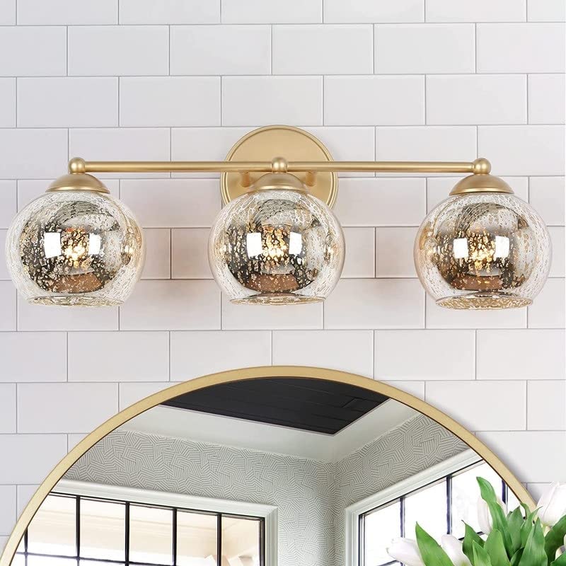 Modern Gold 3-light Linear Bathroom Vanity Lights with Mercury Glass 21" L X
