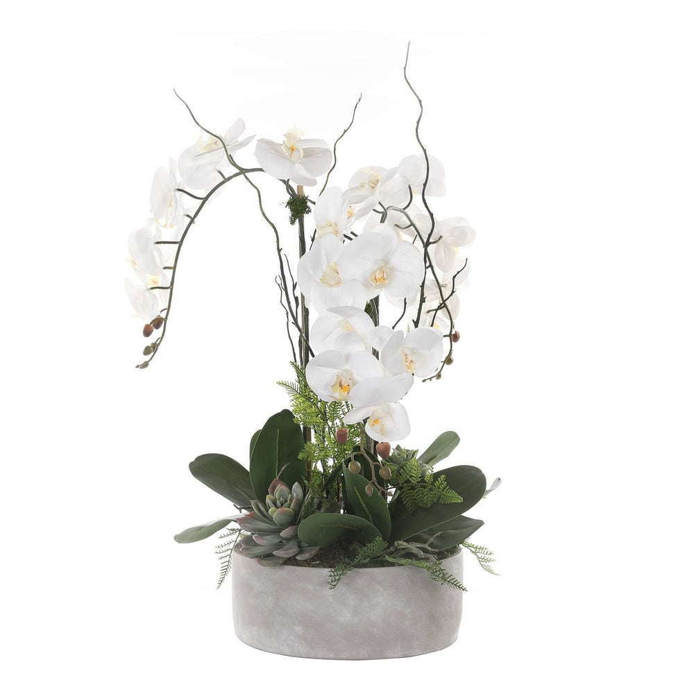 Real Touch Orchid Flower Arrangement in Stone Cement Pot White Handmade - Diamond Home USA