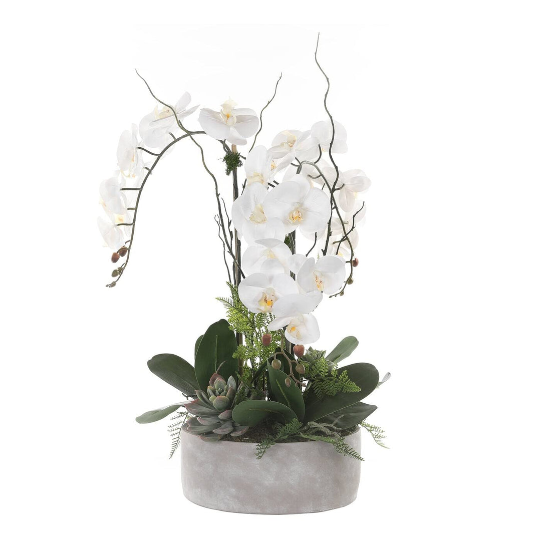 Real Touch Orchid Flower Arrangement in Stone Cement Pot White Handmade - Diamond Home USA