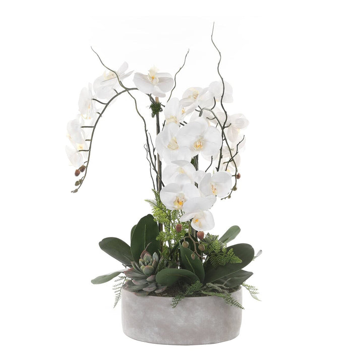 Real Touch Orchid Flower Arrangement in Stone Cement Pot White Handmade - Diamond Home USA