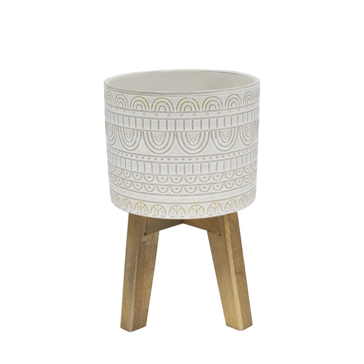 Ceramic Planter On Wood Stand Cream Classic Handmade