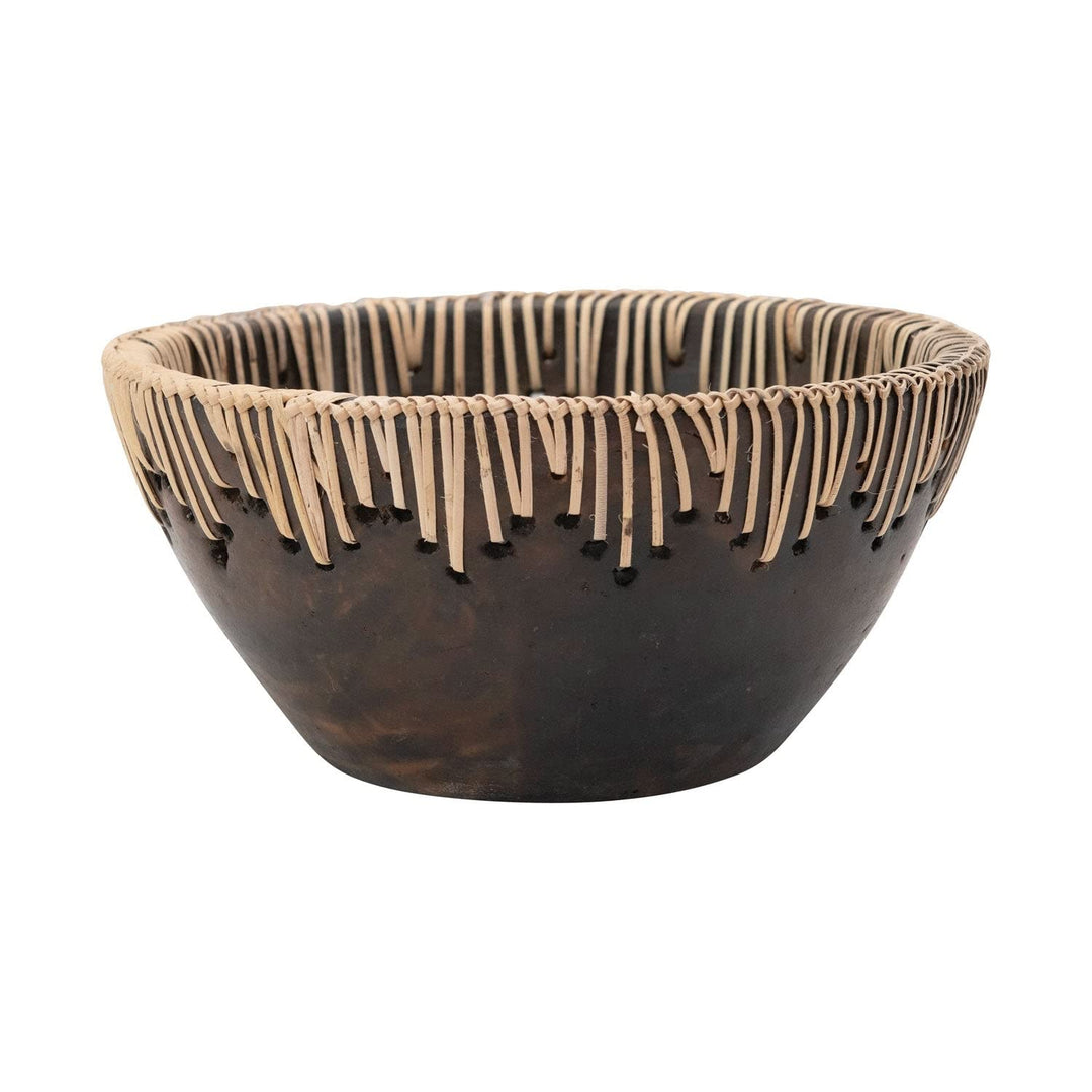 Decorative Terra-cotta Bowl With Rattan Stitching Brown Ceramic