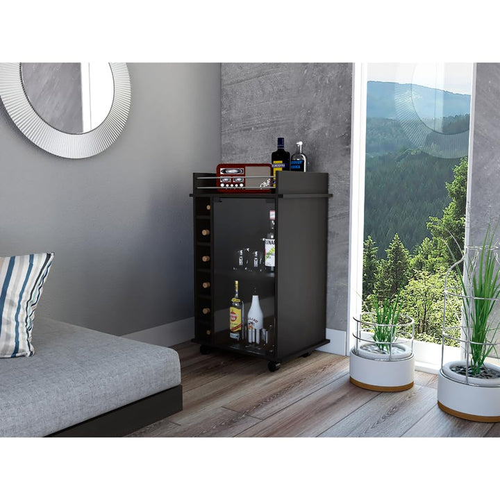 Tuhome Dukat Bar Cart Two Shelves Six Built-in Rack Four Casters -Black