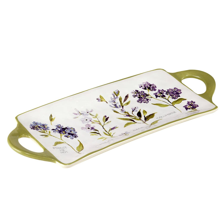 Fresh Herbs Rectangular Platter With Handles 16" X 8" 1.75" Green Multi Color