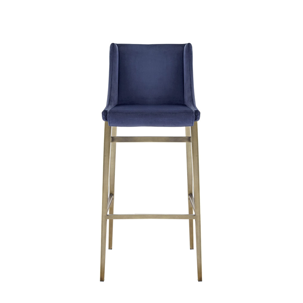 Contemporary Blue Velvet Antique Brass Bar Stool Modern Metal Finish Brushed - Diamond Home USA