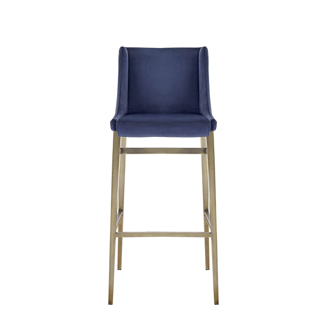 Contemporary Blue Velvet Antique Brass Bar Stool Modern Metal Finish Brushed - Diamond Home USA