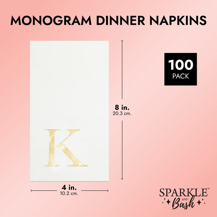 Gold Foil Initial Letter K White Monogram Paper Napkins (4 X 8 In Pack) - Diamond Home USA