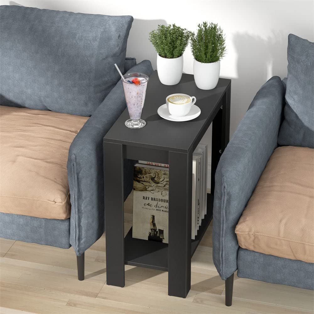 Narrow End Table with Shelf Black Modern Contemporary Rectangular MDF Glossy