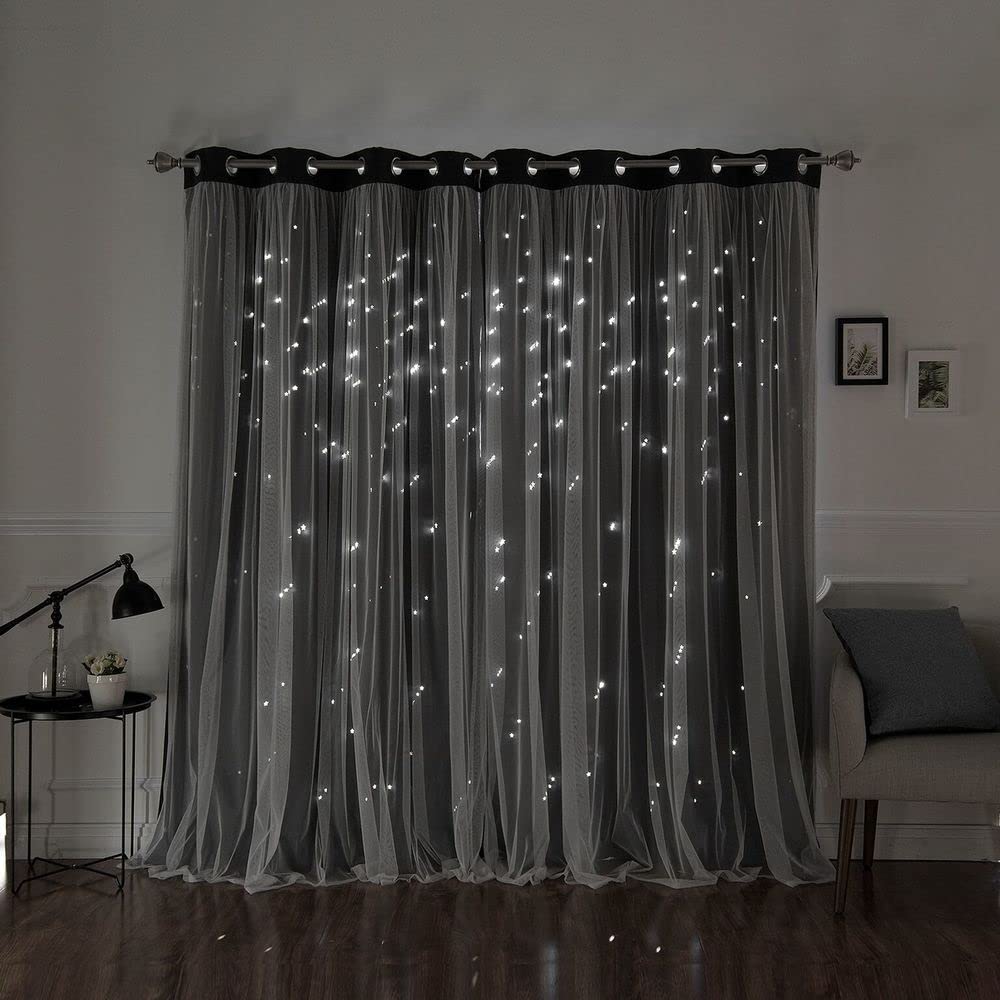 Aurora Home Star Punch Tulle Overlay Blackout Curtain Panel Pair Dark