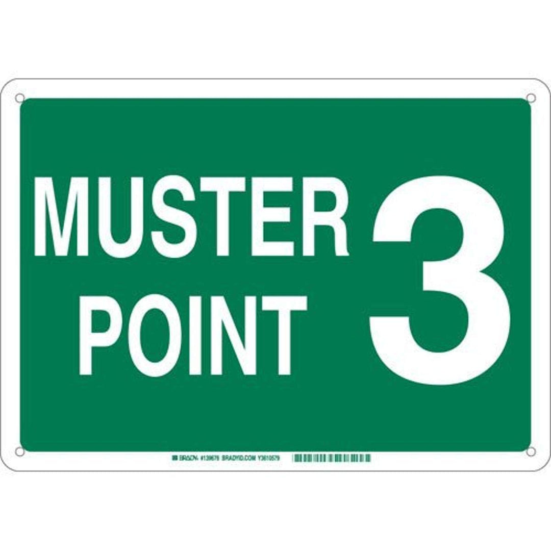 Brady 139682 Aluminum "Muster Point 3" Sign Text 10" H x 14" W White on Green