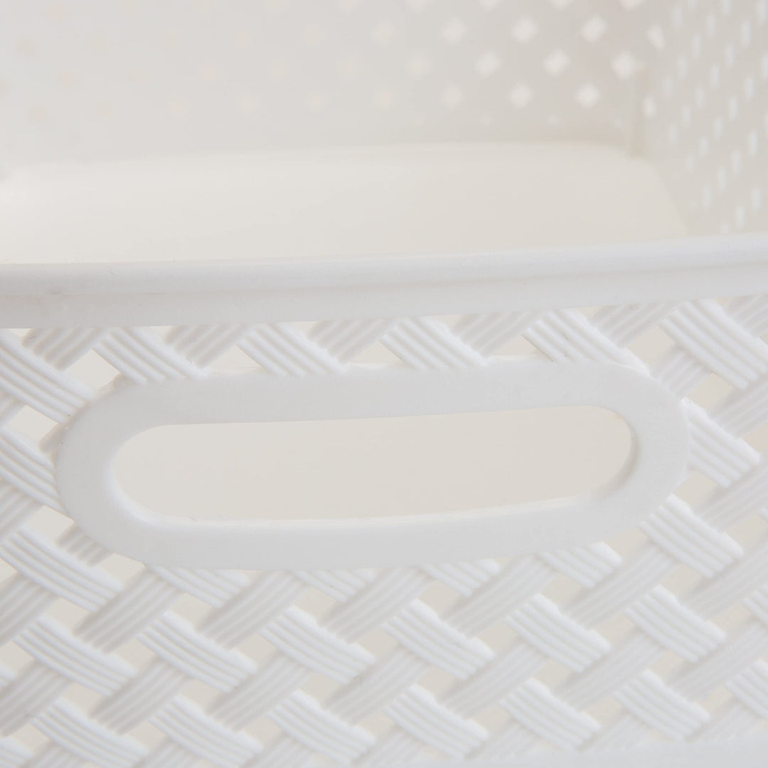 Small White Resin Wicker Storage Bin 10"x8"x4" Plastic Textured No Tools - Diamond Home USA