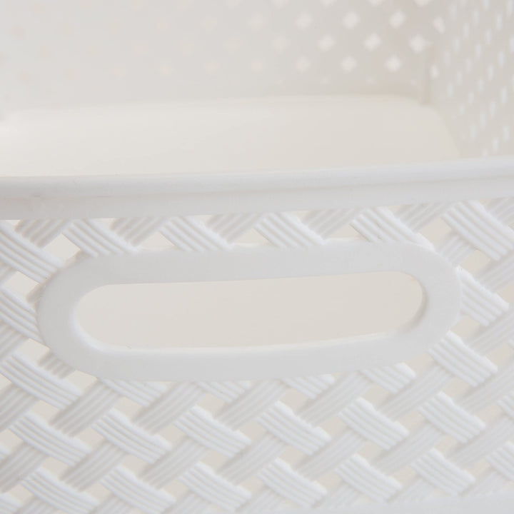 Small White Resin Wicker Storage Bin 10"x8"x4" Plastic Textured No Tools - Diamond Home USA