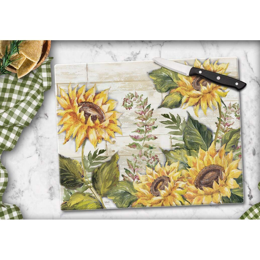 Glass Cutting Board Counter Saver 12"x15" Sunflowers Multi Color - Diamond Home USA