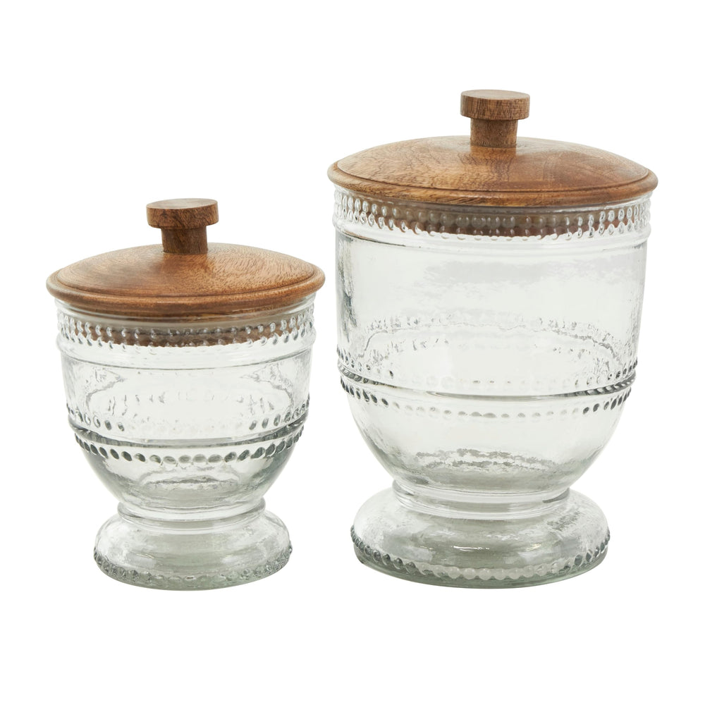 Clear Glass Beaded Decorative Jars with Wood Lids Set of 2 8" 7" h - Diamond Home USA