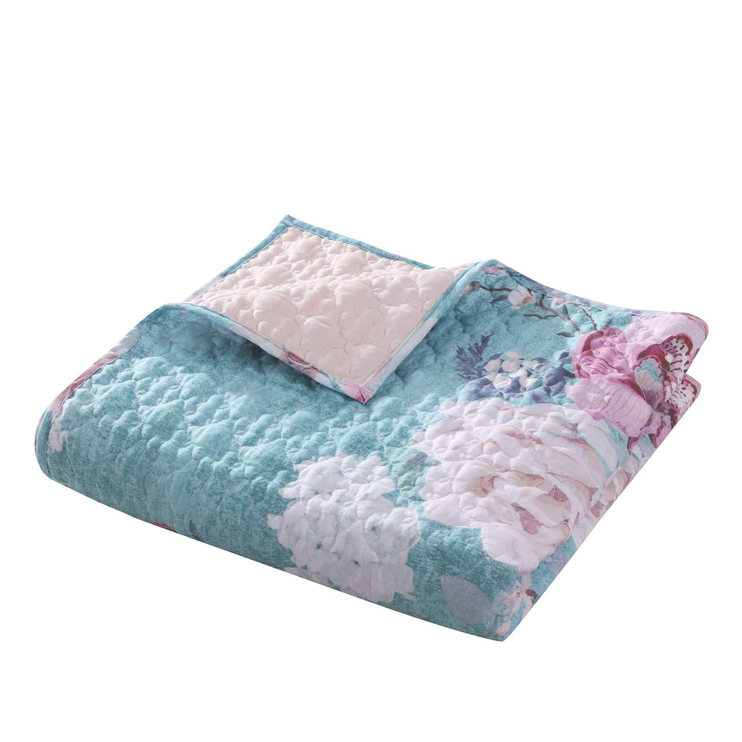 Turquoise Blue Reversible Throw Blanket Green Pink Floral Solid Color Microfiber - Diamond Home USA