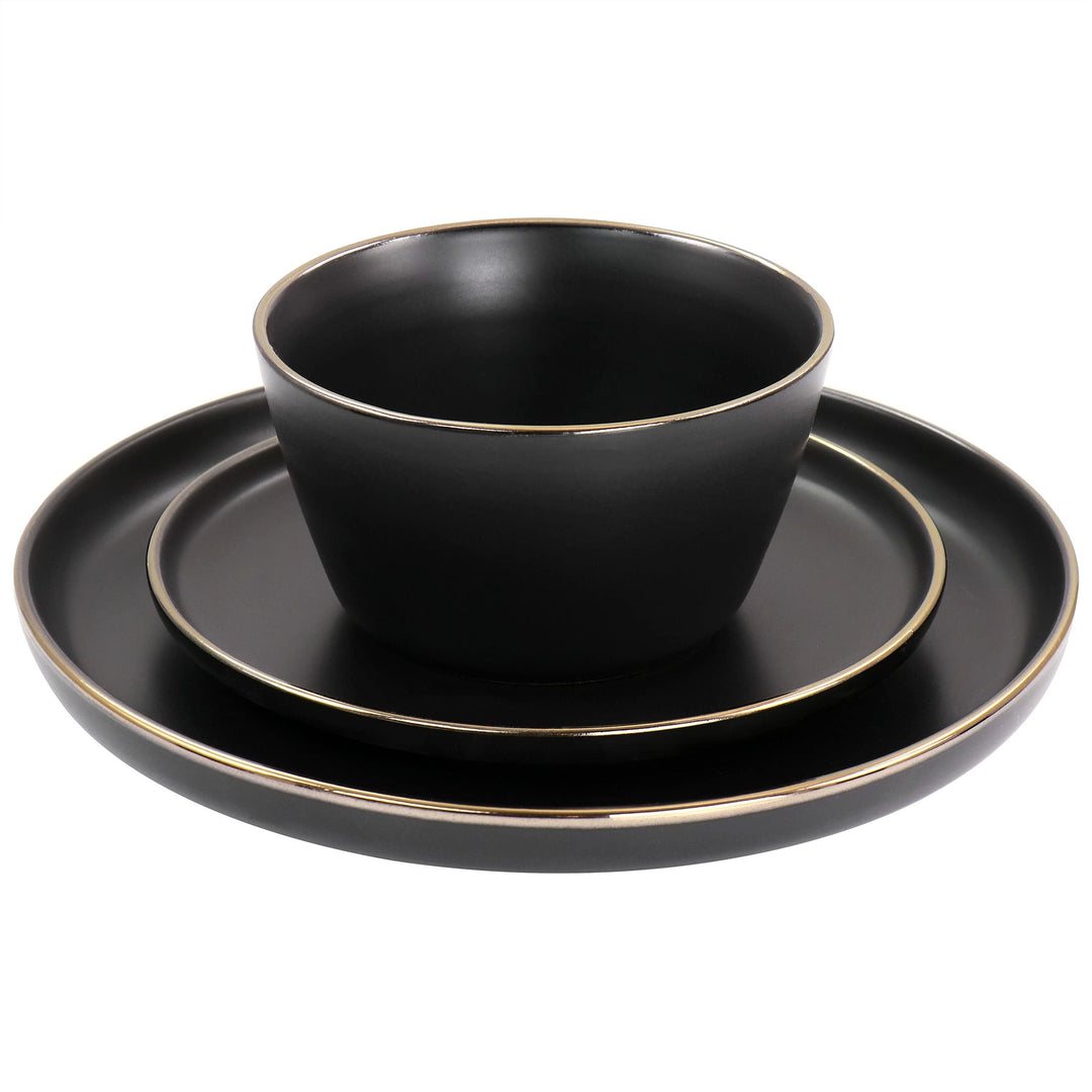 16 Piece Stoneware Dinnerware Set In Matte Black With Gold Rim Solid Modern - Diamond Home USA