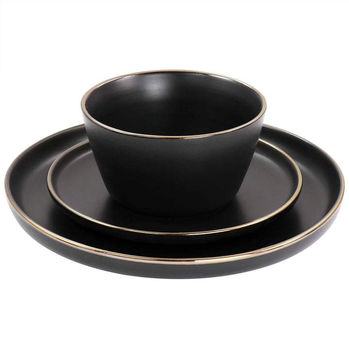 16 Piece Stoneware Dinnerware Set In Matte Black With Gold Rim Solid Modern - Diamond Home USA