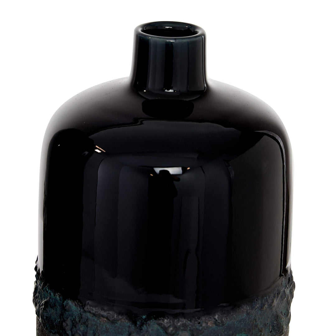 Round Black Glazed Ceramic Vase with Grey Dipped Textured Body Set of 2 15" - Diamond Home USA