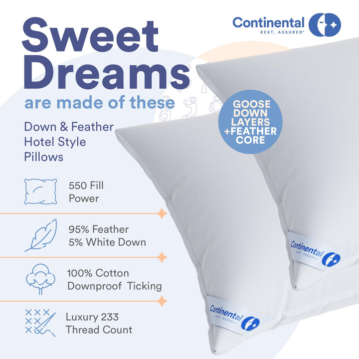 Continental Bedding Luxury Goose Feather Down Pillows Standard Size Pack of 1 - Diamond Home USA