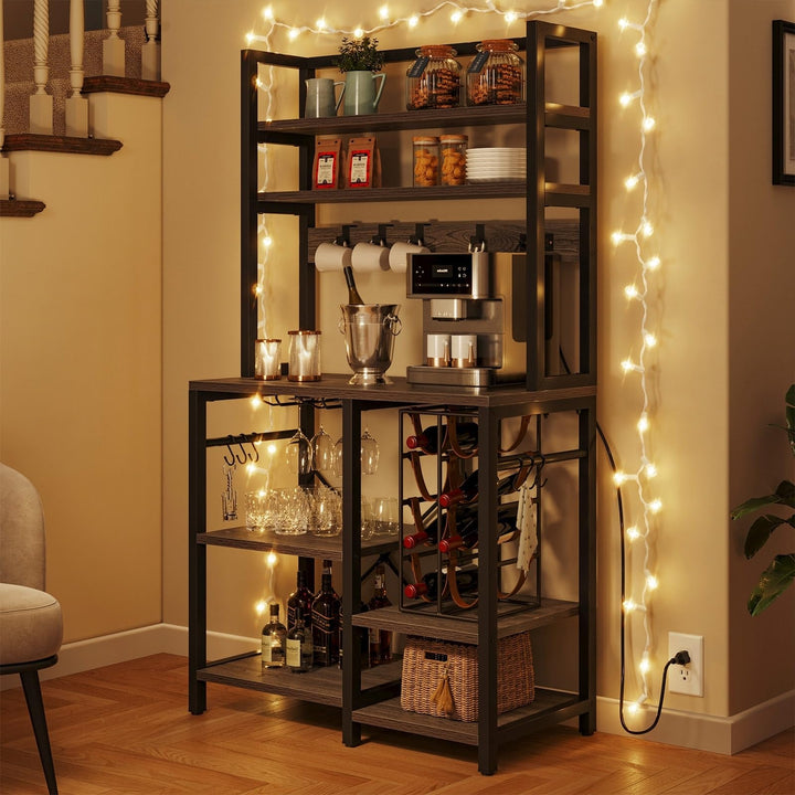 6-Tier Bakers Rack with Power Coffee Bar Station Wine Glass Holder and Microwave Grey - Diamond Home USA
