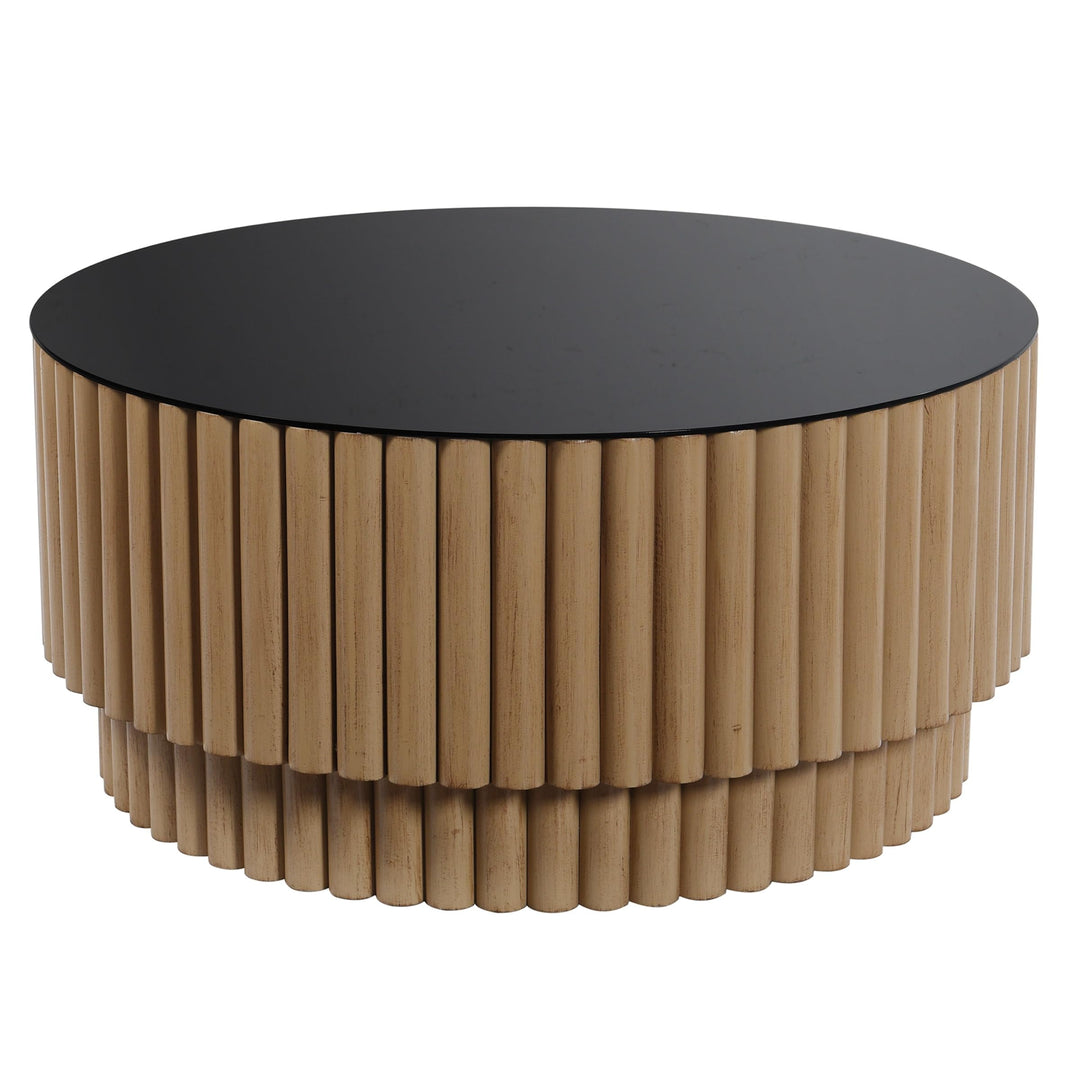 Fluted Barrel Natural Coffee Table Black Glass Top Rustic Round Pine Stained