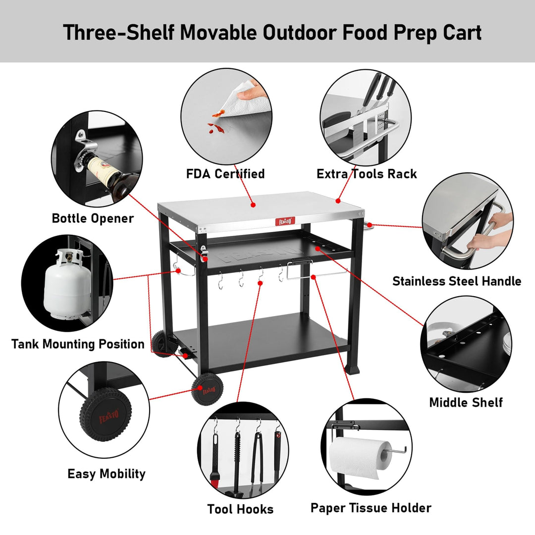 3-Shelf Indoor Outdoor Movable Serving Cart Kitchen Station Black Stainless - Diamond Home USA