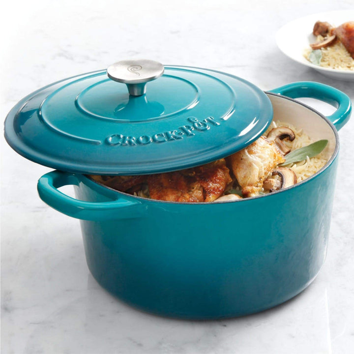 5 Qt Round Dutch Oven Teal Enamel Brushed Ss Hollow Knob Cast Iron Turquoise - Diamond Home USA