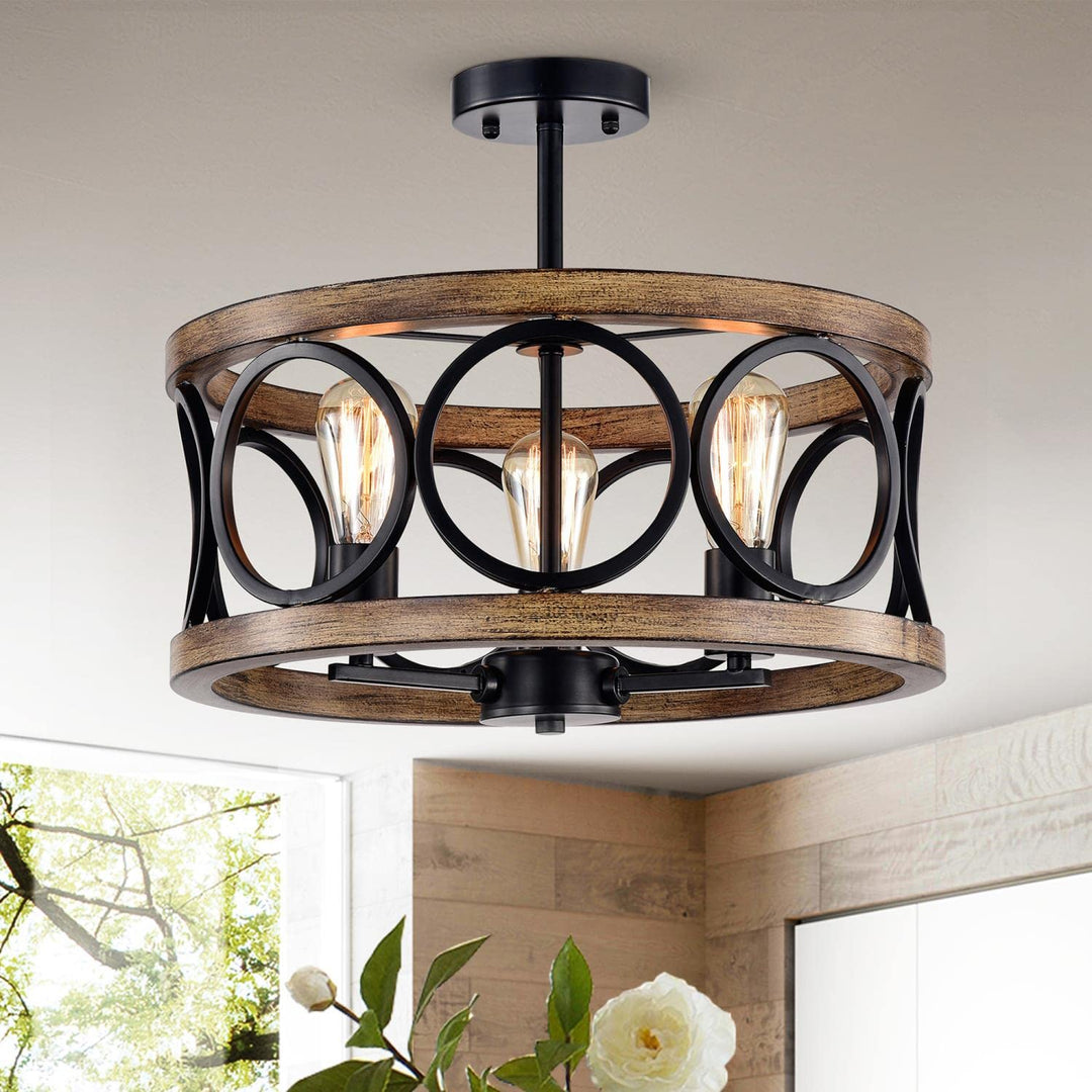 Warehouse of Tiffany Shacer Matte Black Grain 3-Light Chandelier CM135/3 Black/Faux-WoodGrain/Semi-Flush Mount - Diamond Home USA