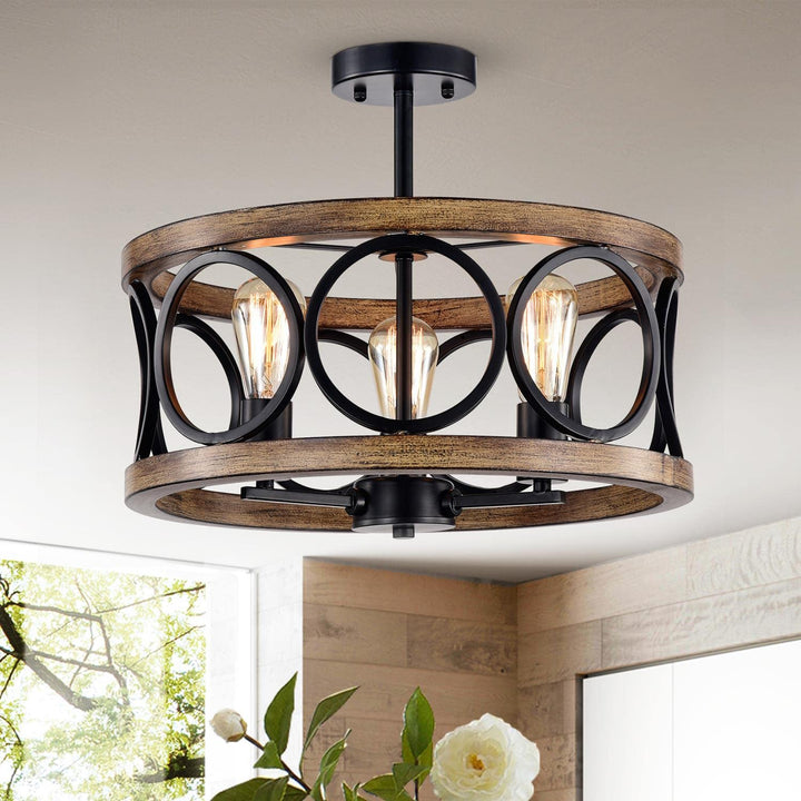 Warehouse of Tiffany Shacer Matte Black Grain 3-Light Chandelier CM135/3 Black/Faux-WoodGrain/Semi-Flush Mount - Diamond Home USA
