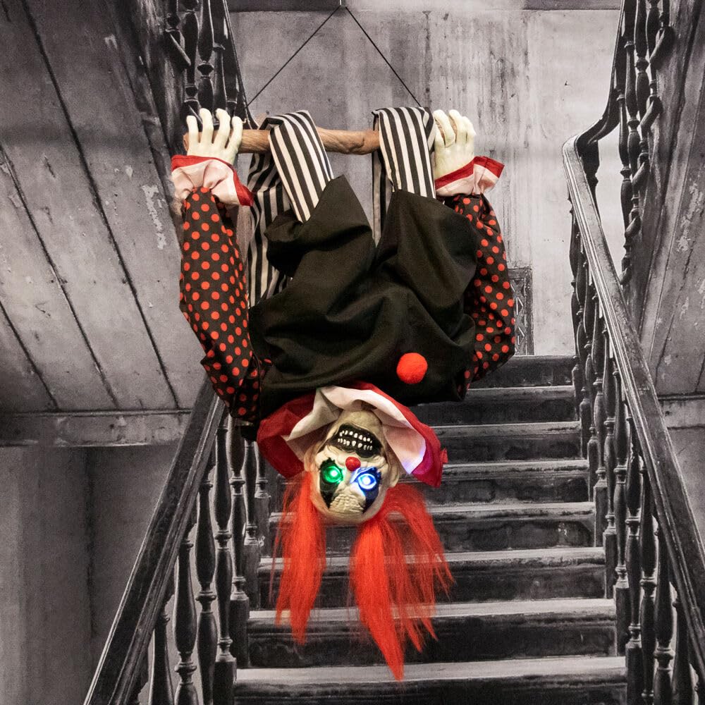 Haunted Hill Farm Upside-Down Talking Clown Animatronic with Trapeze Creepy - Diamond Home USA