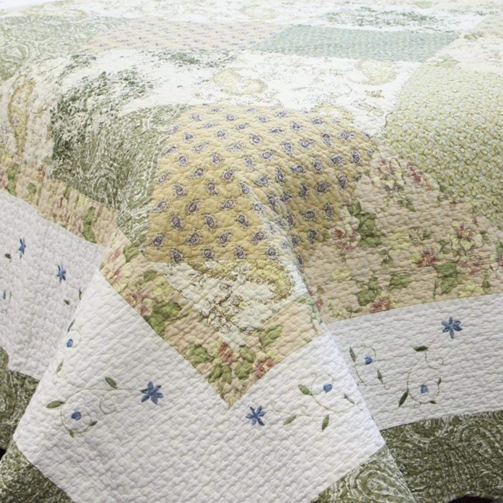 OSK 3 Piece Green Shabby Chic King Size Patchwork Quilt White Damask Country - Diamond Home USA