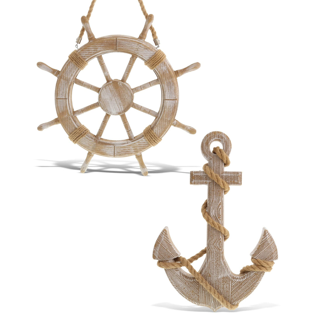 Beach Wall Anchor and Ship Wheel Set with Ropes 18 Inches Brown Wood Handmade