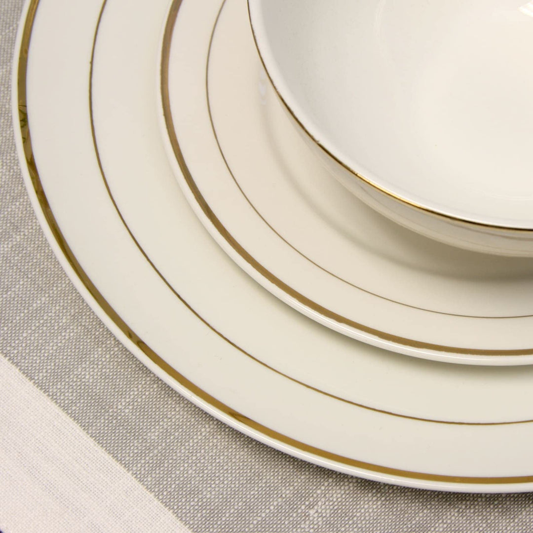 Dinnerware Double Gold Ring Set 16 Pieces White Solid Casual Round Ceramic Piece - Diamond Home USA