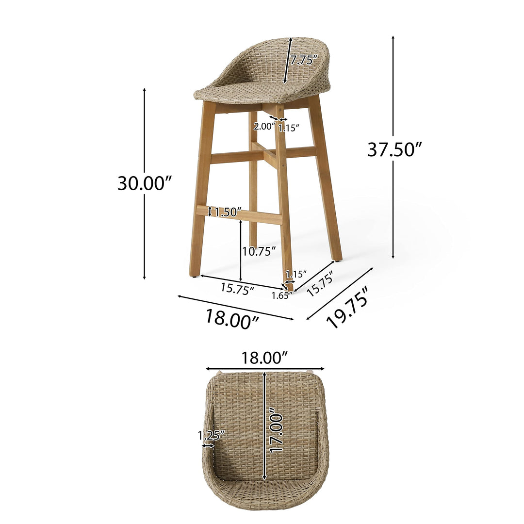 Wicker and Acacia Wood Outdoor Barstools Brown Rustic Rattan Water Resistant - Diamond Home USA